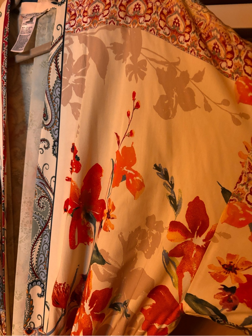 Chico's Cream Satin jacket with Green and Orange Paisley Floral Print - Picture 6 of 8